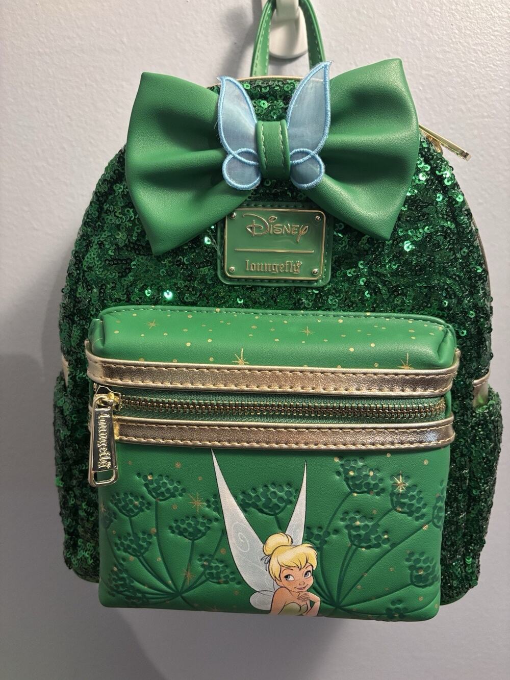 Loungefly Disney Tinker Bell Green Sequin Mini Backpack with Bow